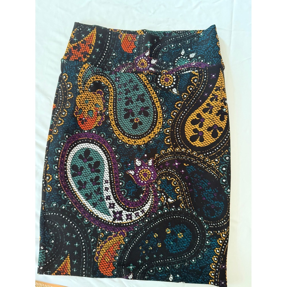LuLaRoe Cassie Pencil Skirt Small Black Multi Color Paisley Boho Stretch Knit